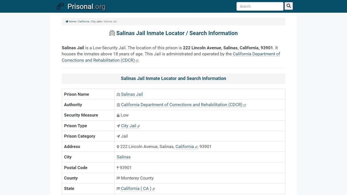 Salinas Jail-Inmate Locator/Search Info, Phone, Fax, Email ...