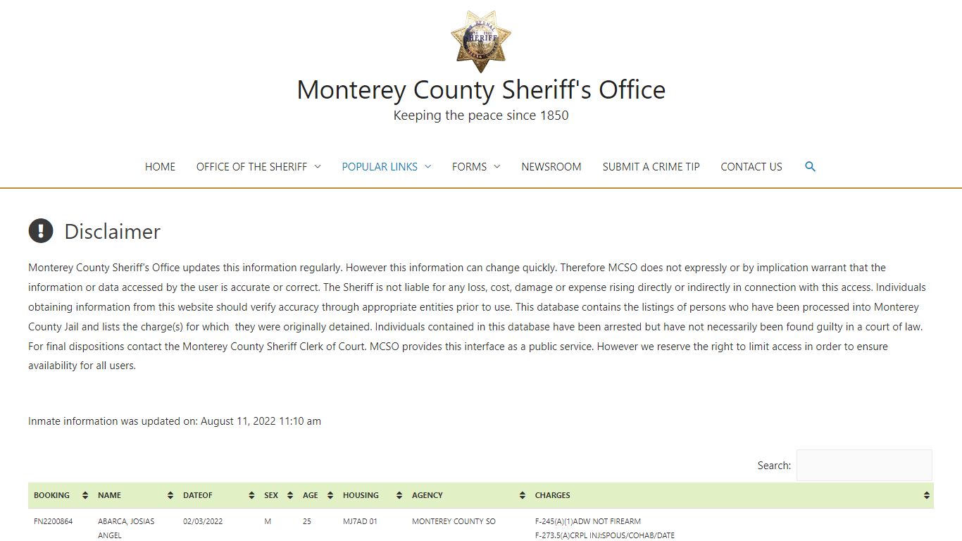 Inmate Information – Monterey County Sheriff's Office